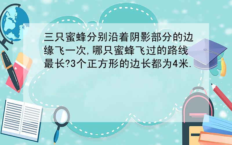 三只蜜蜂分别沿着阴影部分的边缘飞一次,哪只蜜蜂飞过的路线最长?3个正方形的边长都为4米.