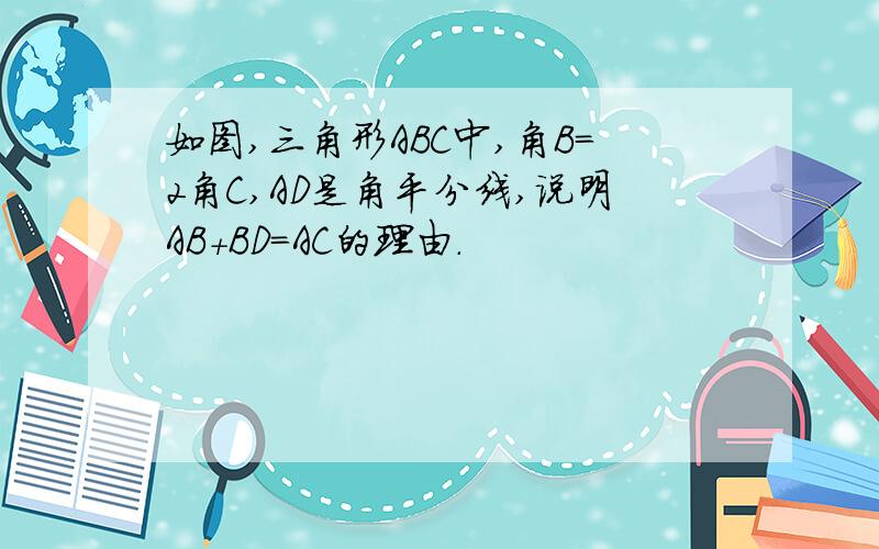 如图,三角形ABC中,角B=2角C,AD是角平分线,说明AB+BD=AC的理由.