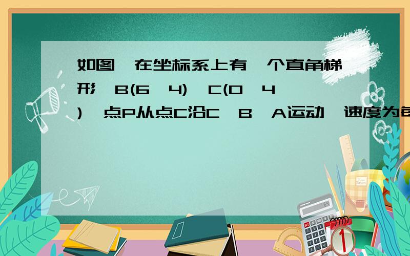 如图,在坐标系上有一个直角梯形,B(6,4),C(0,4),点P从点C沿C—B—A运动,速度为每秒2个单位...求各位帮