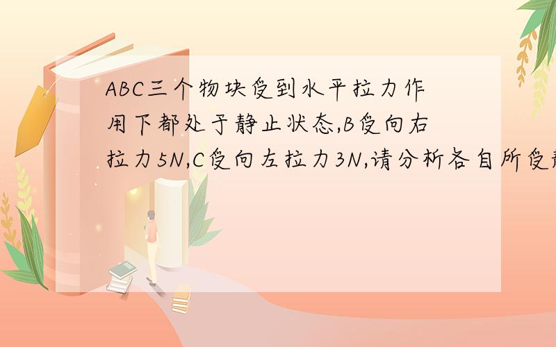 ABC三个物块受到水平拉力作用下都处于静止状态,B受向右拉力5N,C受向左拉力3N,请分析各自所受静摩擦力大小及方向.