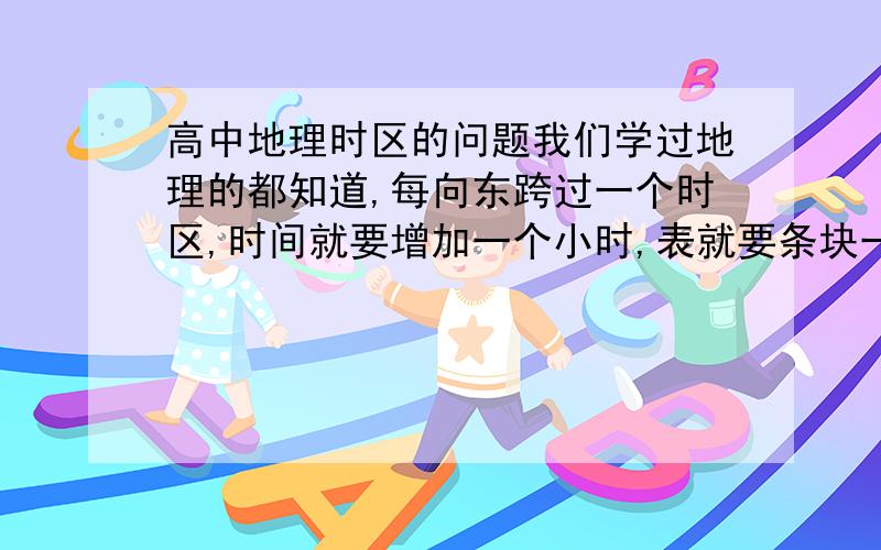 高中地理时区的问题我们学过地理的都知道,每向东跨过一个时区,时间就要增加一个小时,表就要条块一个小时,没错吧.下面是一个