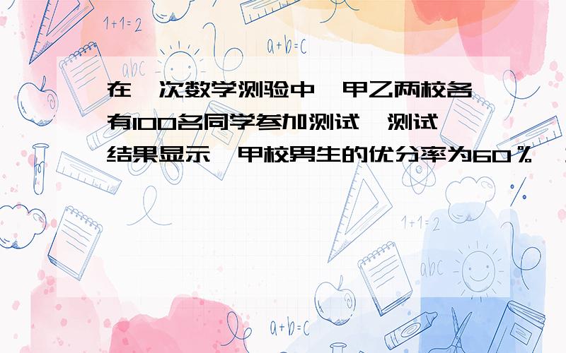 在一次数学测验中,甲乙两校各有100名同学参加测试,测试结果显示,甲校男生的优分率为60％,女生的优分