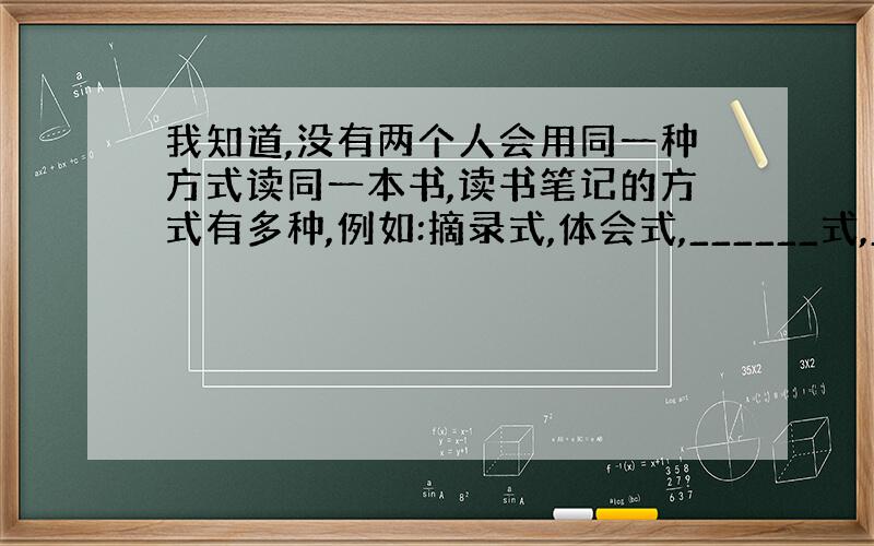 我知道,没有两个人会用同一种方式读同一本书,读书笔记的方式有多种,例如:摘录式,体会式,______式,_______式