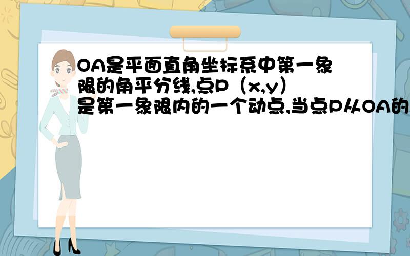 OA是平面直角坐标系中第一象限的角平分线,点P（x,y）是第一象限内的一个动点,当点P从OA的下方P1移动到OA的上方P