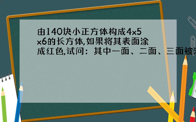 由140块小正方体构成4x5x6的长方体,如果将其表面涂成红色,试问：其中一面、二面、三面被涂成红色的小立方体各有多少块