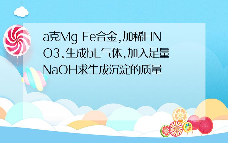 a克Mg Fe合金,加稀HNO3,生成bL气体,加入足量NaOH求生成沉淀的质量