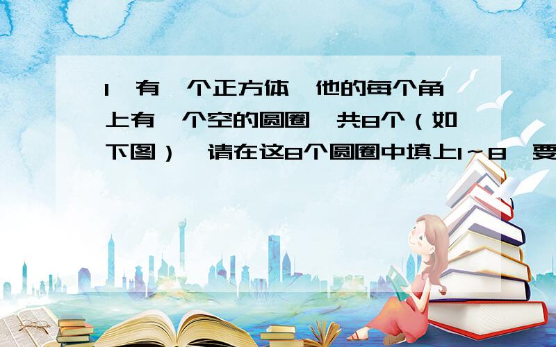 1、有一个正方体,他的每个角上有一个空的圆圈,共8个（如下图）,请在这8个圆圈中填上1～8,要求正方体的六个面上的每一面