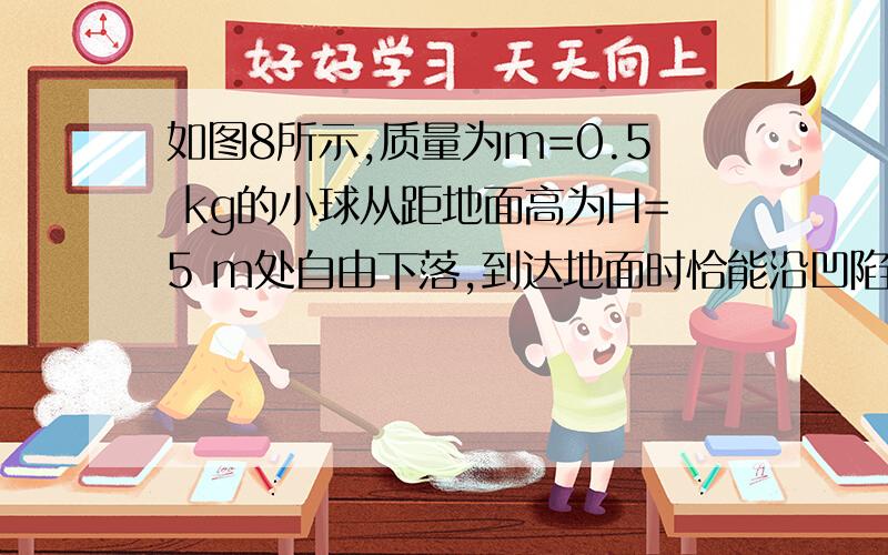 如图8所示,质量为m=0.5 kg的小球从距地面高为H=5 m处自由下落,到达地面时恰能沿凹陷于地面的半圆形槽壁运动,半