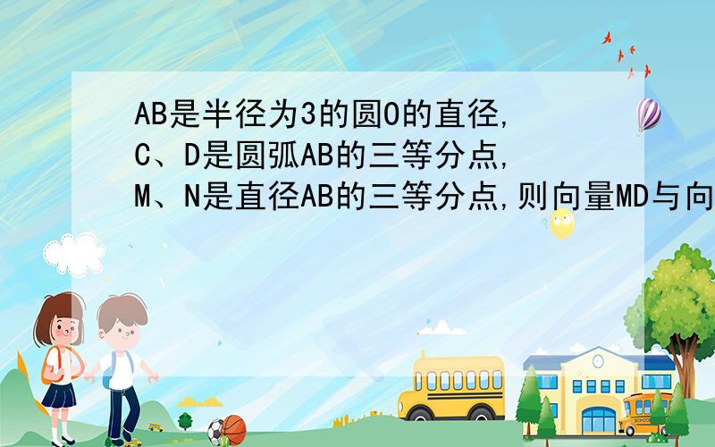 AB是半径为3的圆O的直径,C、D是圆弧AB的三等分点,M、N是直径AB的三等分点,则向量MD与向量NC的数量积等于?