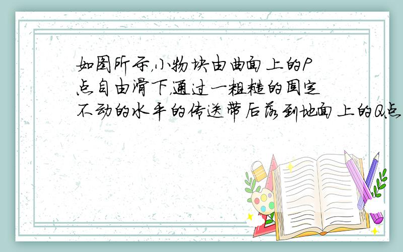 如图所示，小物块由曲面上的P点自由滑下，通过一粗糙的固定不动的水平的传送带后落到地面上的Q点.若皮带随皮带轮以恒定的速率