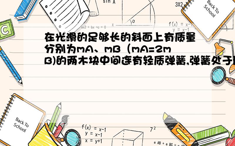 在光滑的足够长的斜面上有质量分别为mA、mB（mA=2mB)的两木块中间连有轻质弹簧,弹簧处于原长状态,劲度系