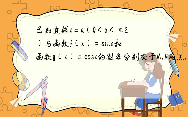 已知直线x=a(0＜a＜π2)与函数f(x)=sinx和函数g(x)=cosx的图象分别交于M,N两点,若 MN=1/5