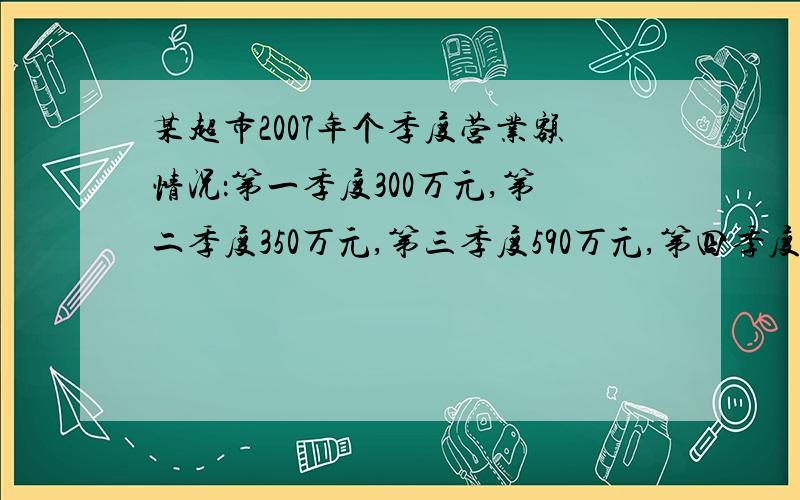 某超市2007年个季度营业额情况：第一季度300万元,第二季度350万元,第三季度590万元,第四季度500万元