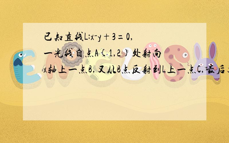 已知直线L:x-y+3=0,一光线自点A(1,2)处射向x轴上一点B,又从B点反射到L上一点C,最后又从C点反射回A点.