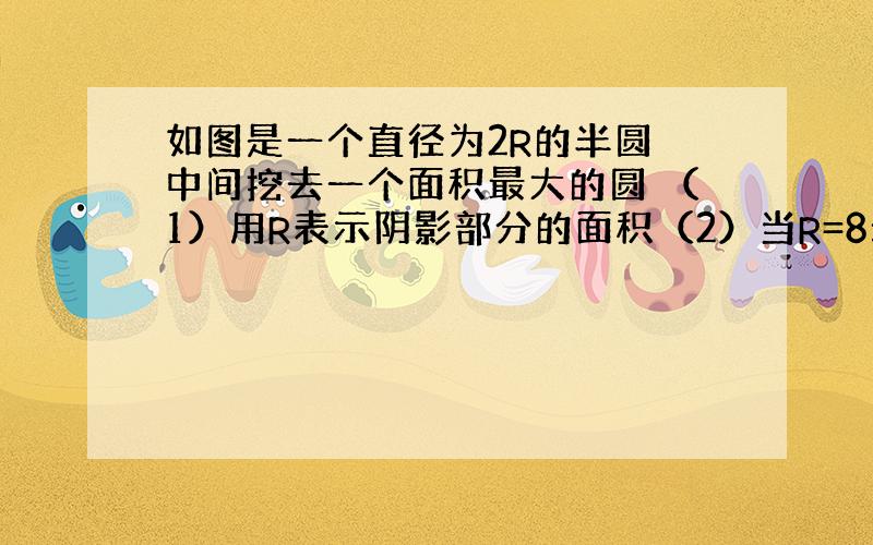 如图是一个直径为2R的半圆 中间挖去一个面积最大的圆 （1）用R表示阴影部分的面积（2）当R=8米时,求阴影