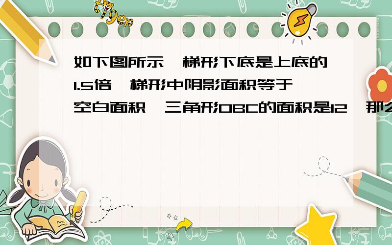 如下图所示,梯形下底是上底的1.5倍,梯形中阴影面积等于空白面积,三角形OBC的面积是12,那么三角形A