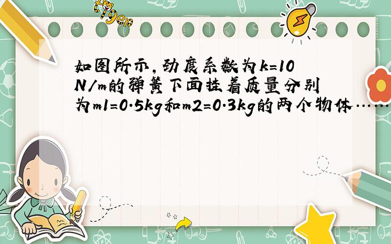 如图所示,劲度系数为k＝10N/m的弹簧下面挂着质量分别为m1＝0.5kg和m2＝0.3kg的两个物体……