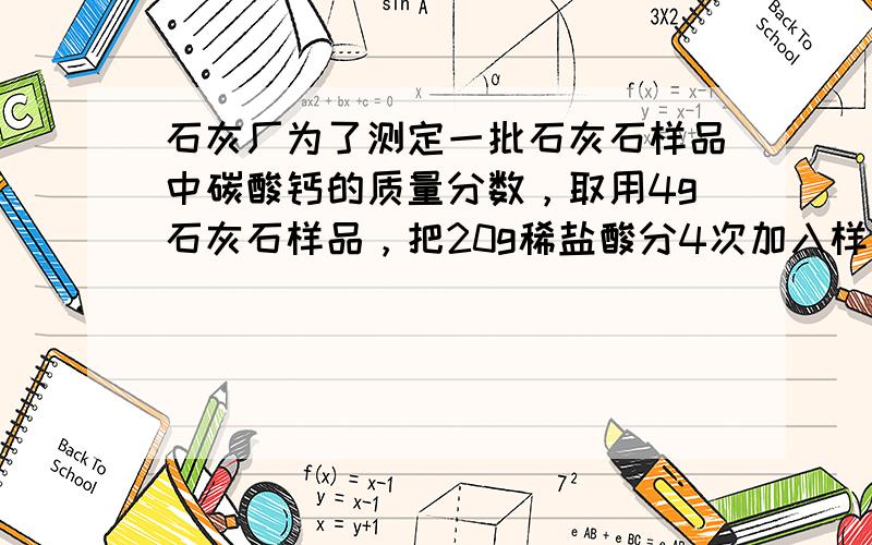 石灰厂为了测定一批石灰石样品中碳酸钙的质量分数，取用4g石灰石样品，把20g稀盐酸分4次加入样品中（样品中除碳酸钙外，其