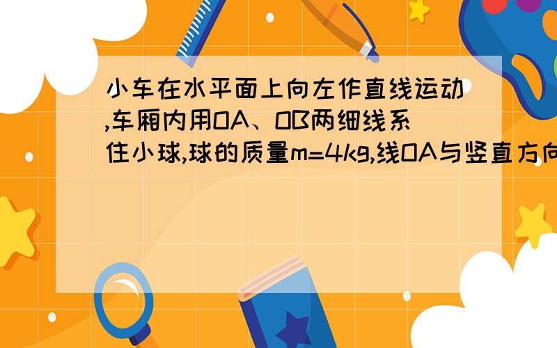 小车在水平面上向左作直线运动,车厢内用OA、OB两细线系住小球,球的质量m=4kg,线OA与竖直方向成a=37°角