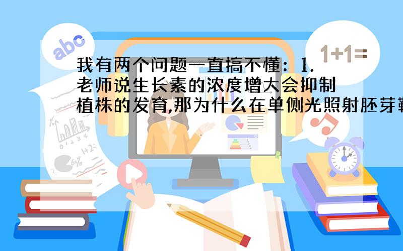 我有两个问题一直搞不懂：1.老师说生长素的浓度增大会抑制植株的发育,那为什么在单侧光照射胚芽鞘时,生长素向背光侧移动,背