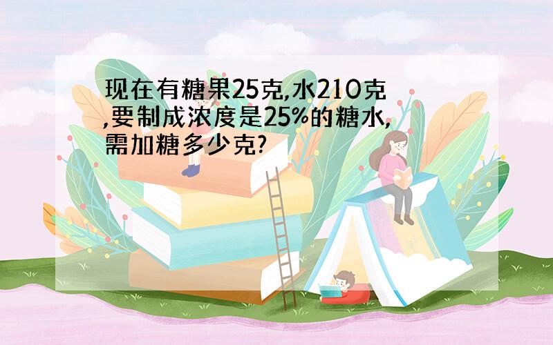 现在有糖果25克,水210克,要制成浓度是25%的糖水,需加糖多少克?