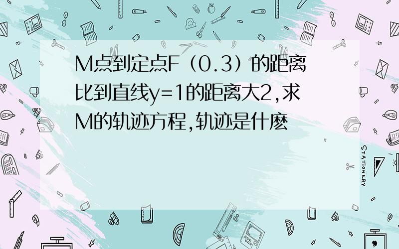 M点到定点F（0.3）的距离比到直线y=1的距离大2,求M的轨迹方程,轨迹是什麽