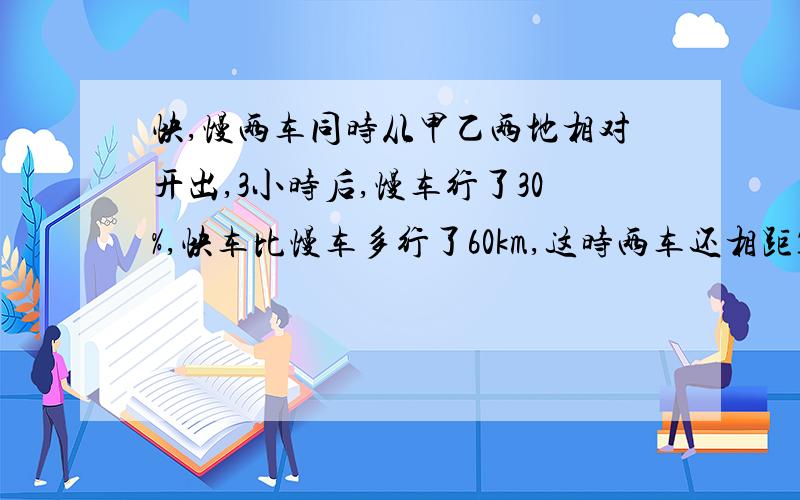 快,慢两车同时从甲乙两地相对开出,3小时后,慢车行了30%,快车比慢车多行了60km,这时两车还相距120km,甲乙两地