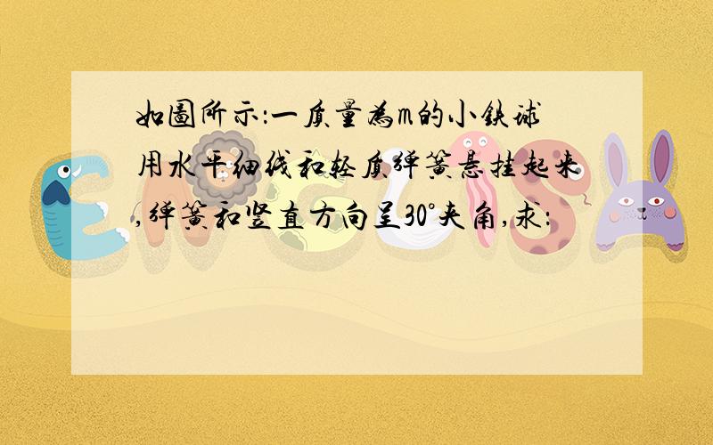 如图所示：一质量为m的小铁球用水平细线和轻质弹簧悬挂起来,弹簧和竖直方向呈30°夹角,求：