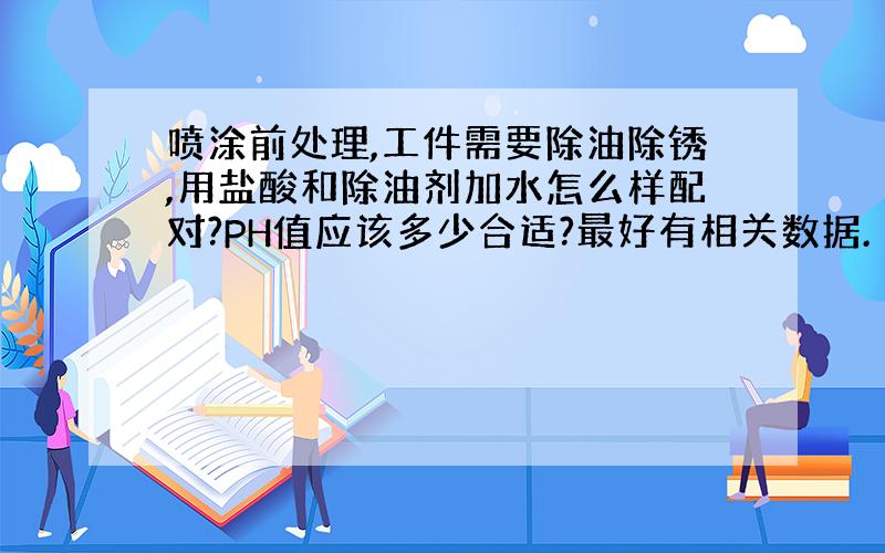 喷涂前处理,工件需要除油除锈,用盐酸和除油剂加水怎么样配对?PH值应该多少合适?最好有相关数据.