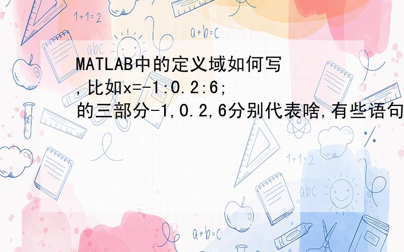 MATLAB中的定义域如何写,比如x=-1:0.2:6;的三部分-1,0.2,6分别代表啥,有些语句加上pi是啥意思