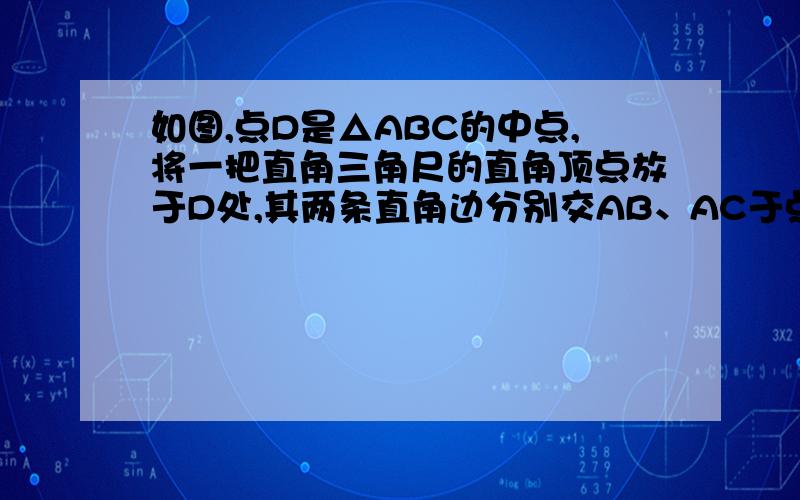 如图,点D是△ABC的中点,将一把直角三角尺的直角顶点放于D处,其两条直角边分别交AB、AC于点E、F.