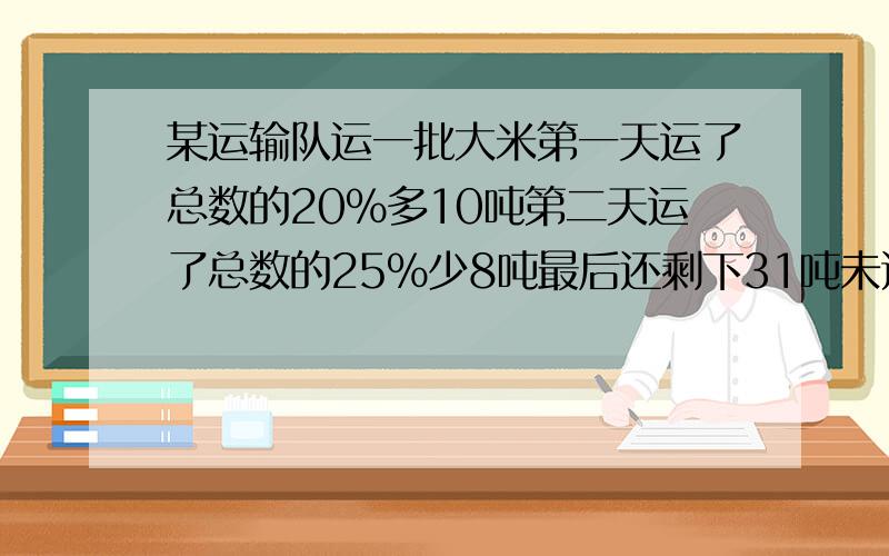 某运输队运一批大米第一天运了总数的20%多10吨第二天运了总数的25%少8吨最后还剩下31吨未运这批大米共?吨