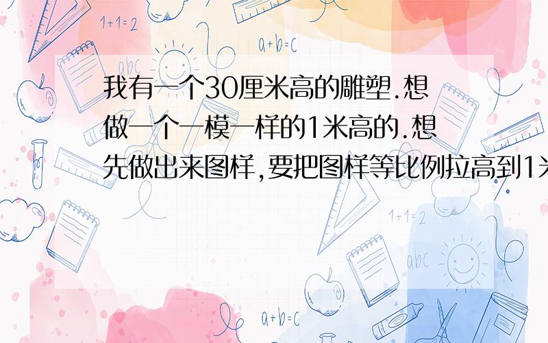 我有一个30厘米高的雕塑.想做一个一模一样的1米高的.想先做出来图样,要把图样等比例拉高到1米.用什么软件