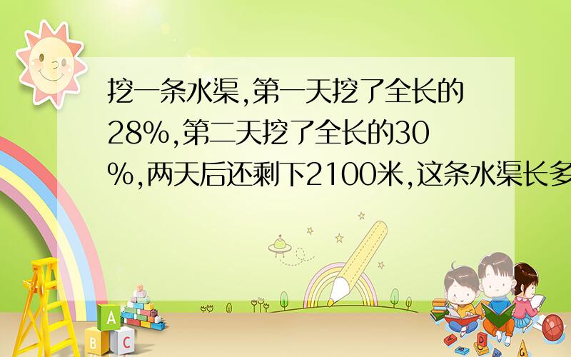 挖一条水渠,第一天挖了全长的28%,第二天挖了全长的30%,两天后还剩下2100米,这条水渠长多少米?