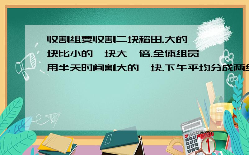 收割组要收割二块稻田，大的一块比小的一块大一倍，全体组员用半天时间割大的一块，下午平均分成两组作业，一半仍留在大的一块稻