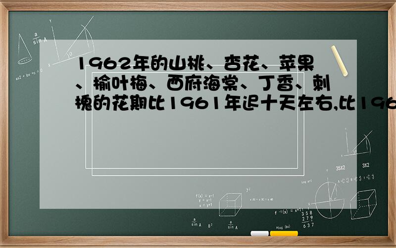 1962年的山桃、杏花、苹果、榆叶梅、西府海棠、丁香、刺槐的花期比1961年迟十天左右,比1960年迟五六天.中的“左右