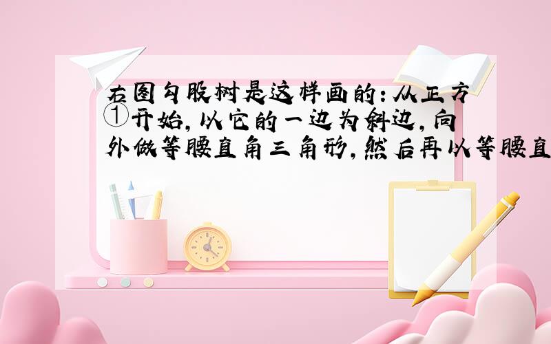 右图勾股树是这样画的：从正方①开始,以它的一边为斜边,向外做等腰直角三角形,然后再以等腰直角三角形