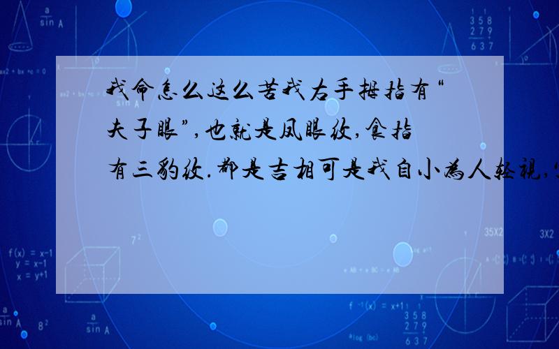 我命怎么这么苦我右手拇指有“夫子眼”,也就是凤眼纹,食指有三豹纹.都是吉相可是我自小为人轻视,父亲早逝,家境曾上顿接不上