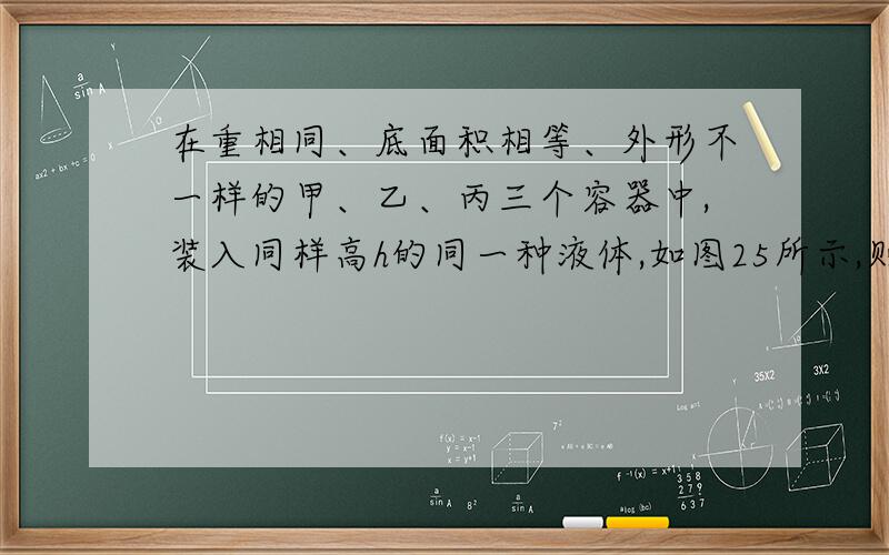 在重相同、底面积相等、外形不一样的甲、乙、丙三个容器中,装入同样高h的同一种液体,如图25所示,则 [ ]