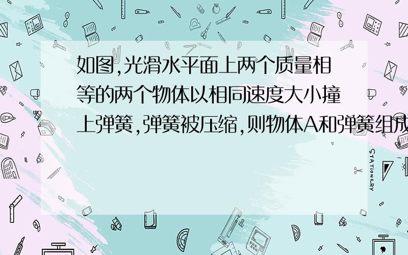 如图,光滑水平面上两个质量相等的两个物体以相同速度大小撞上弹簧,弹簧被压缩,则物体A和弹簧组成的系统机械能是否守恒?