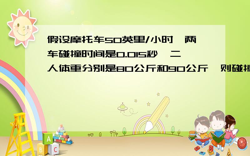 假设摩托车50英里/小时,两车碰撞时间是0.015秒,二人体重分别是80公斤和90公斤,则碰撞产生的力是多少?