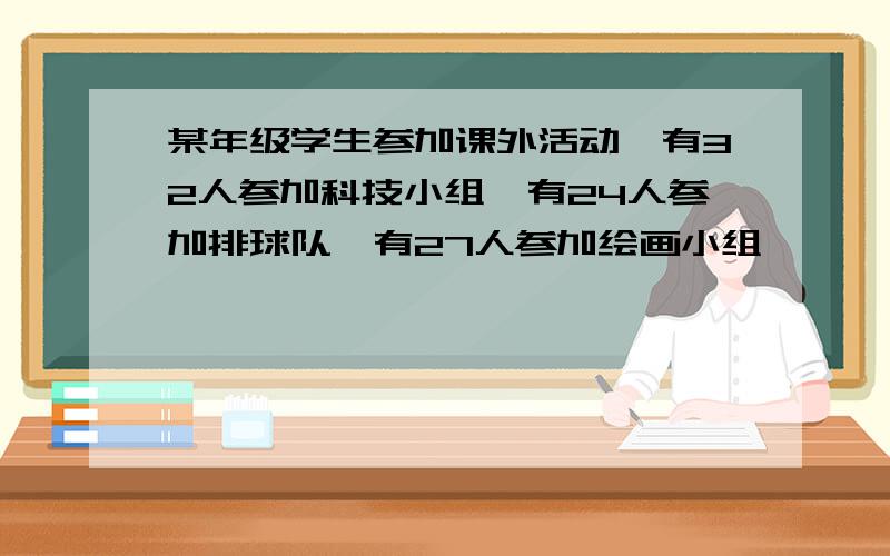 某年级学生参加课外活动,有32人参加科技小组,有24人参加排球队,有27人参加绘画小组,