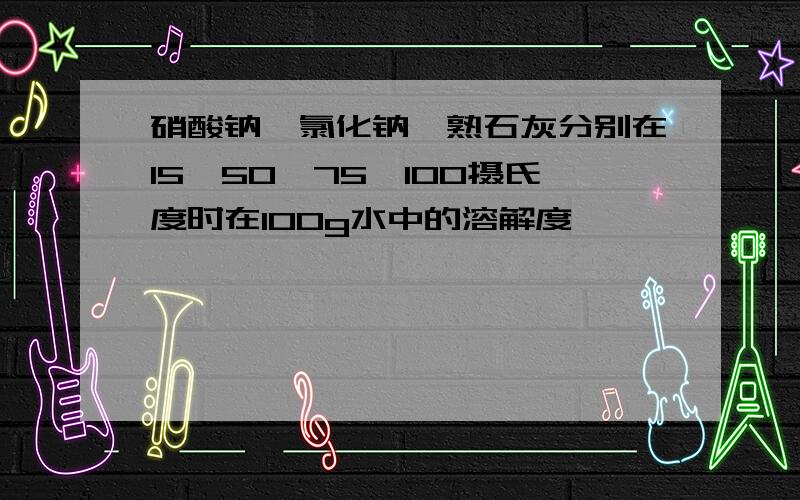 硝酸钠、氯化钠、熟石灰分别在15、50、75、100摄氏度时在100g水中的溶解度