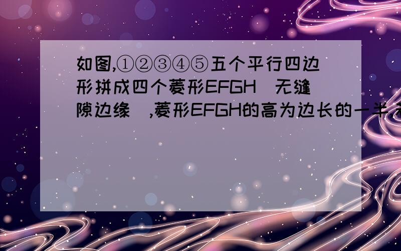 如图,①②③④⑤五个平行四边形拼成四个菱形EFGH（无缝隙边缘）,菱形EFGH的高为边长的一半,若①②③④四个平行四边形