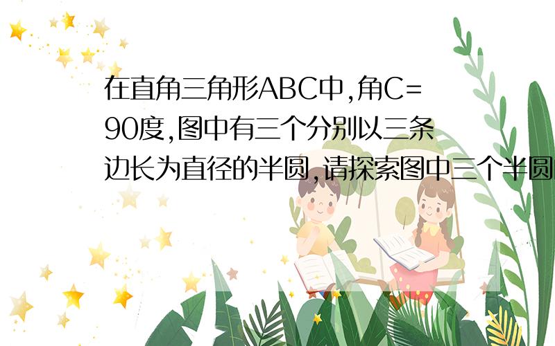 在直角三角形ABC中,角C=90度,图中有三个分别以三条边长为直径的半圆,请探索图中三个半圆的面积有什...