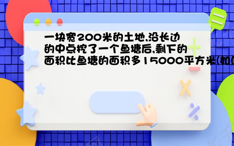 一块宽200米的土地,沿长边的中点挖了一个鱼塘后,剩下的面积比鱼塘的面积多15000平方米(如图),靠鱼塘边的宽还剩下5