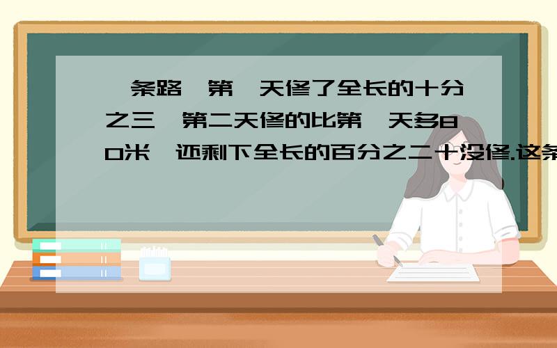 一条路,第一天修了全长的十分之三,第二天修的比第一天多80米,还剩下全长的百分之二十没修.这条路长多少米?