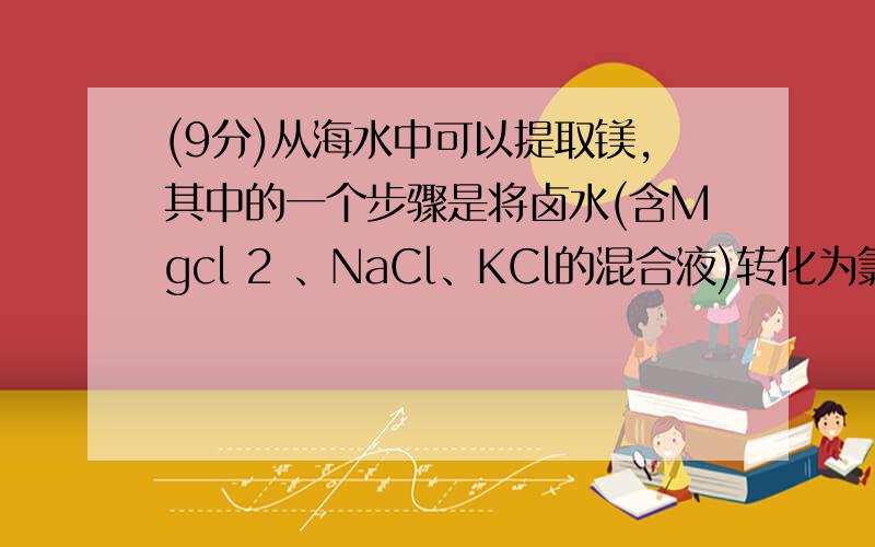 (9分)从海水中可以提取镁，其中的一个步骤是将卤水(含Mgcl 2 、NaCl、KCl的混合液)转化为氯化镁晶体。实验室