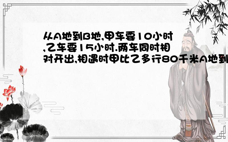 从A地到B地,甲车要10小时,乙车要15小时.两车同时相对开出,相遇时甲比乙多行80千米A地到B地相距多少千米