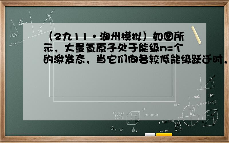 （2九11•湖州模拟）如图所示，大量氢原子处于能级n=个的激发态，当它们向各较低能级跃迁时，对于多种可能的跃迁，下面说法